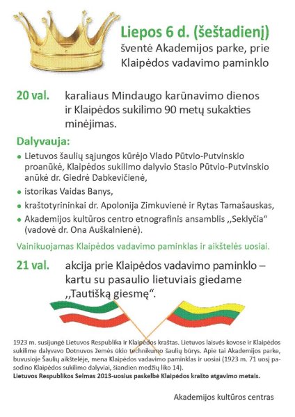 Renginys Akademijoje - Valstybės (Lietuvos Karaliaus Mindaugo karūnavimo) dienos ir Klaipėdos...