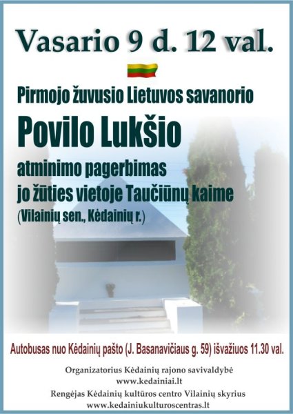 Vasario 9-ąją pagerbsime pirmąjį žuvusį Lietuvos savanorį Povilą Lukšį