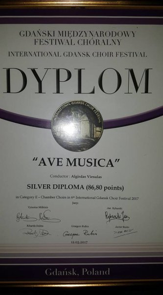 Kėdainių kultūros centro kamerinis choras AVE MUSICA Gdanske pelnė sidabro diplomą