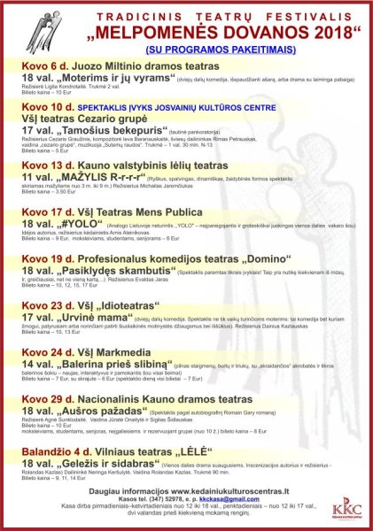 Profesionalių teatrų festivalis „Melpomenės dovanos 2018“ vėl džiugins kėdainiečius ir miesto...