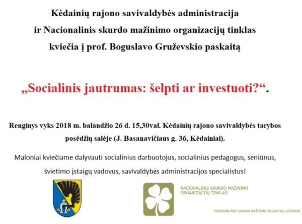 Balandžio 26 d. vyks paskaita „Socialinis jautrumas: šelpti ar investuoti?“