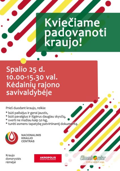 Tapkite kraujo donorais – spalio 25 dieną