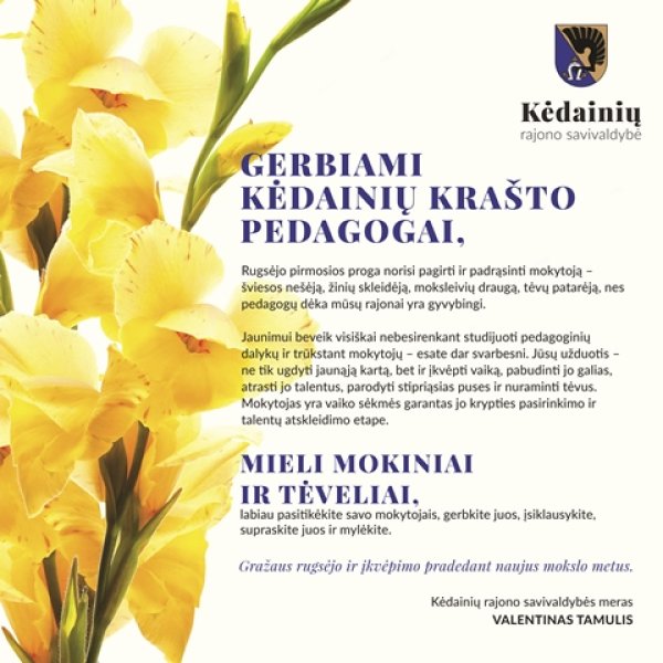 Mero Valentino Tamulio sveikinimas su artėjančia Mokslo ir žinių diena