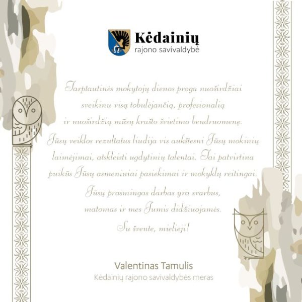 Mero Valentino Tamulio sveikinimas Tarptautinės Mokytojų dienos proga