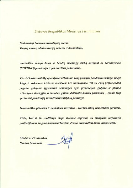 Ministro Pirmininko Sauliaus Skvernelio padėkos laiškas