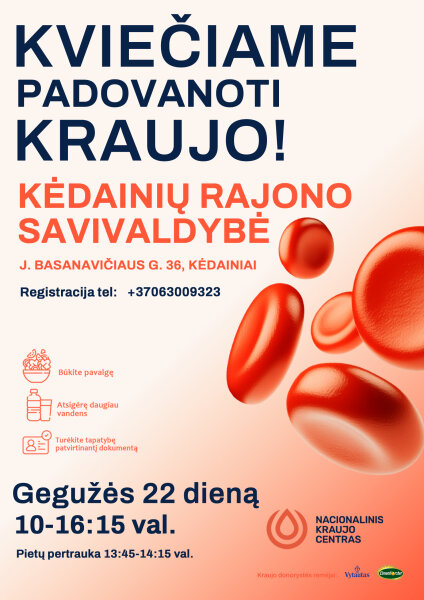 Nacionalinis kraujo centras Kėdainiuose surengs kraujo donorystės akciją