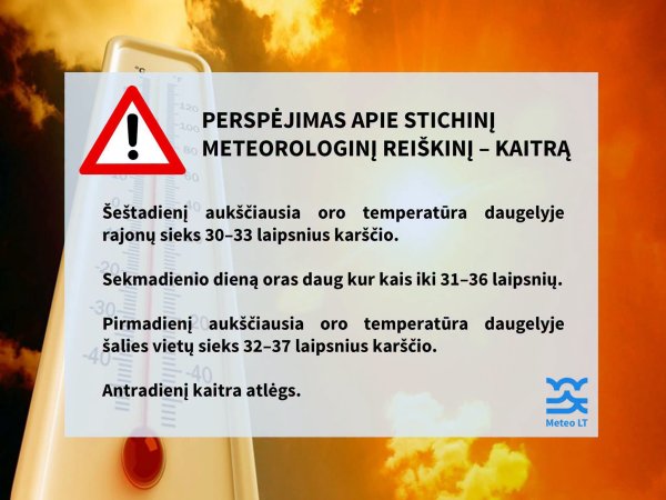 Lietuvos hidrometeorologijos tarnyba perspėja apie stichinį meteorologinį reiškinį – kaitrą!