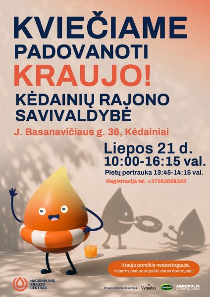 Nacionalinis kraujo centras kviečia kėdainiečius ir miesto svečius prisidėti prie kilnios kraujo...