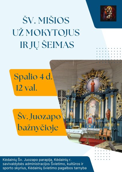 Kviečiame į šv. Mišias už mokytojus ir jų šeimas